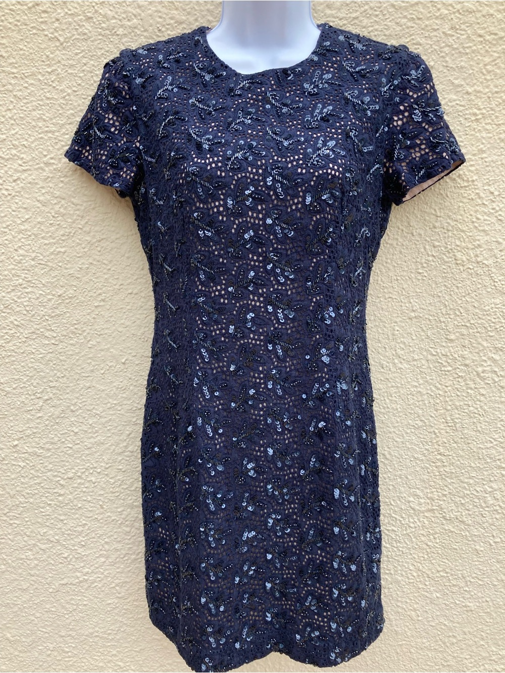 French Connection Betsy Jewels Dress Navy Embellished Lace Dress Size 6